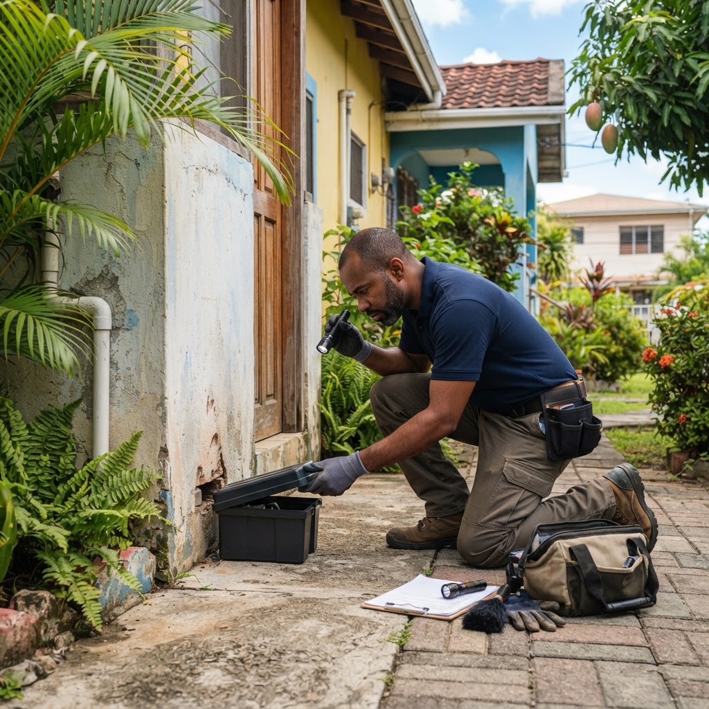 Professional pest control technician inspecting rodent entry points in a home.