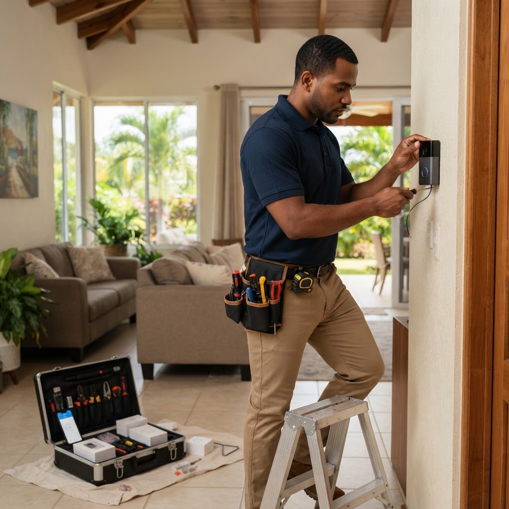 Professional installing smart home device installation.