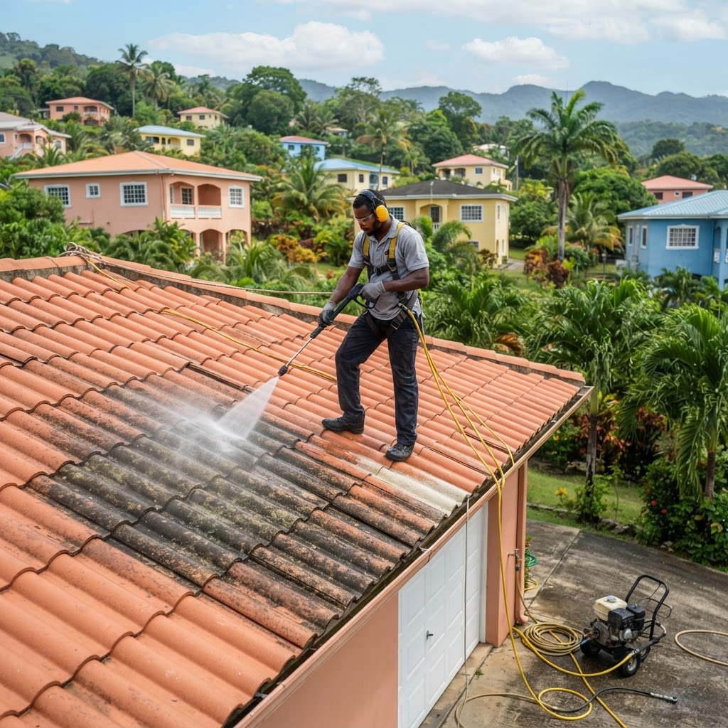 Professional cleaning roof pressure washing.