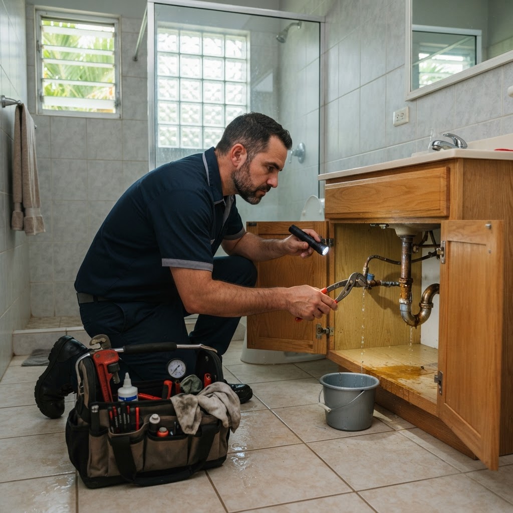 Professional servicing bathroom leak investigation.