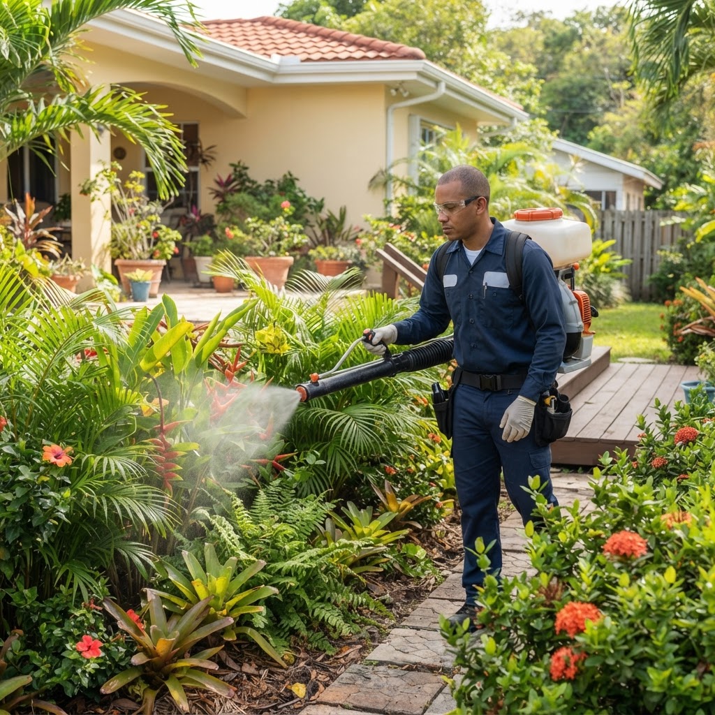 Professional pest control technician treating a backyard for mosquitoes.