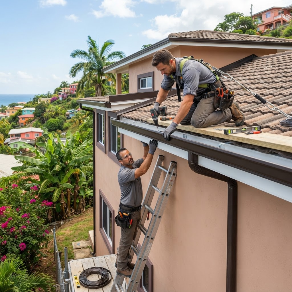 Professional installing commercial gutter systems.