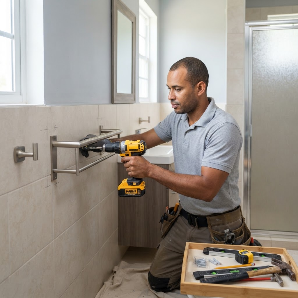 Professional installing wall fixture installation.
