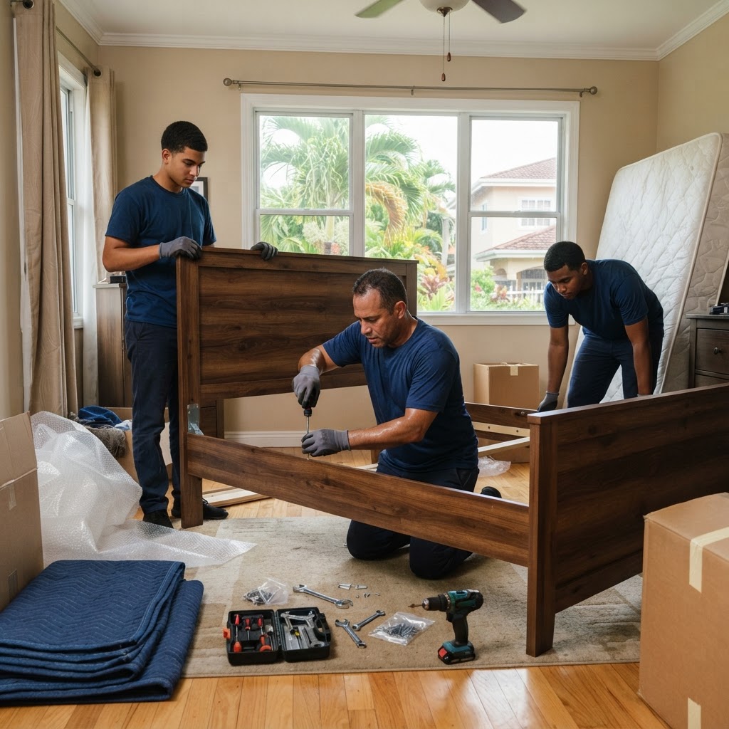 Professional movers carrying household furniture.