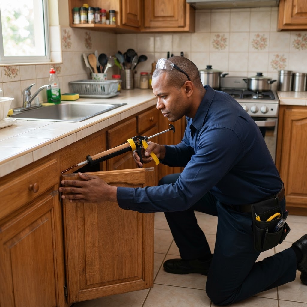 Professional pest control technician applying cockroach gel bait in a kitchen.