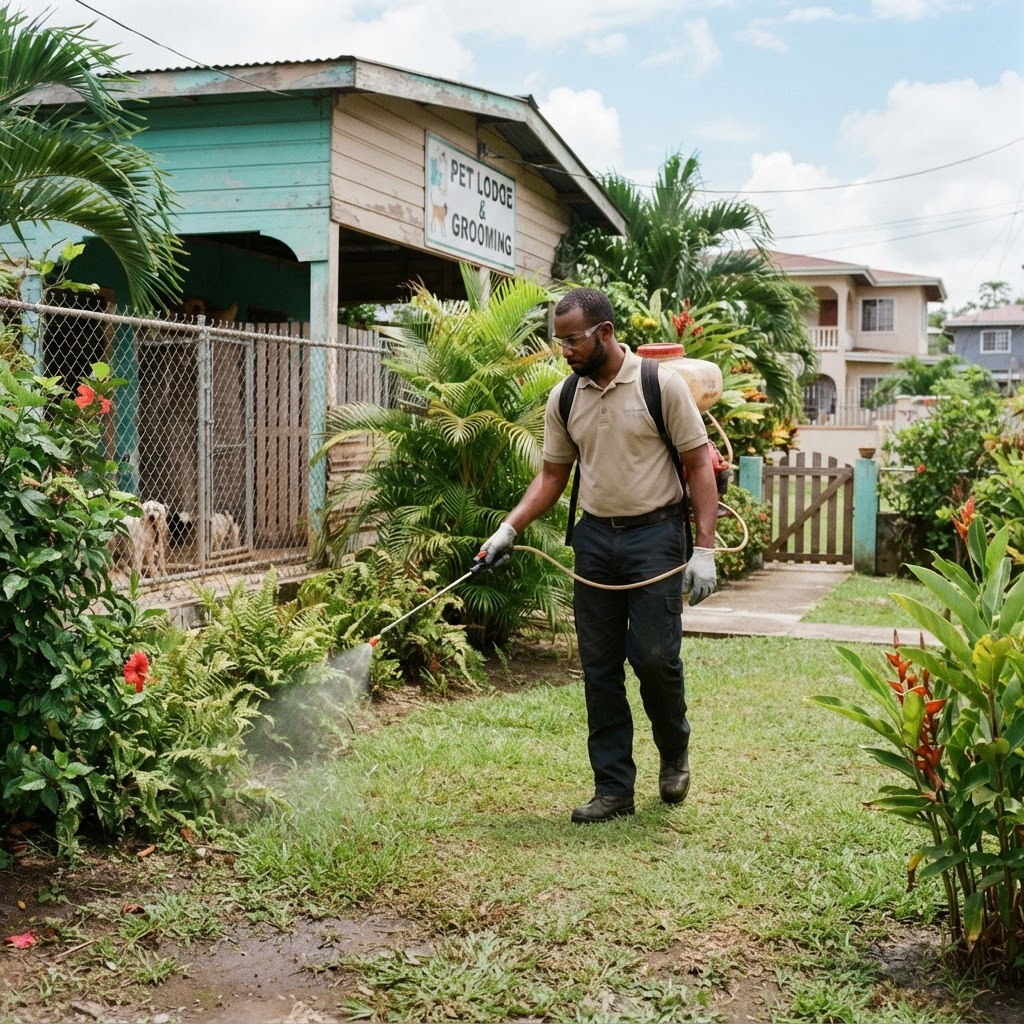 Professional pest control technician treating a yard for fleas.