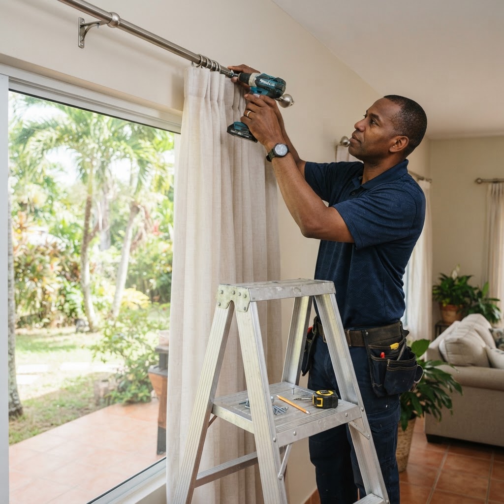 Professional installing curtain installation.