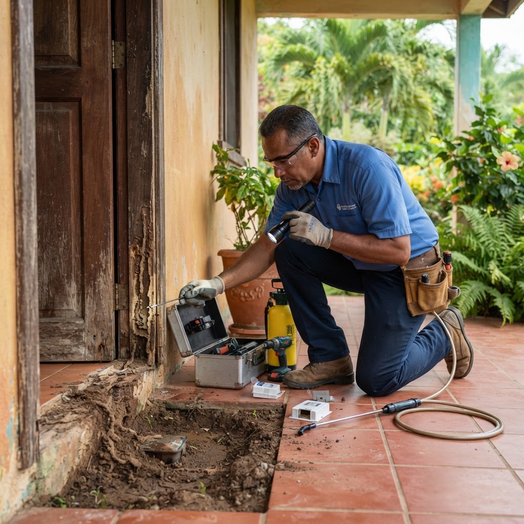 Professional pest control technician inspecting a wooden door frame for termite damage.