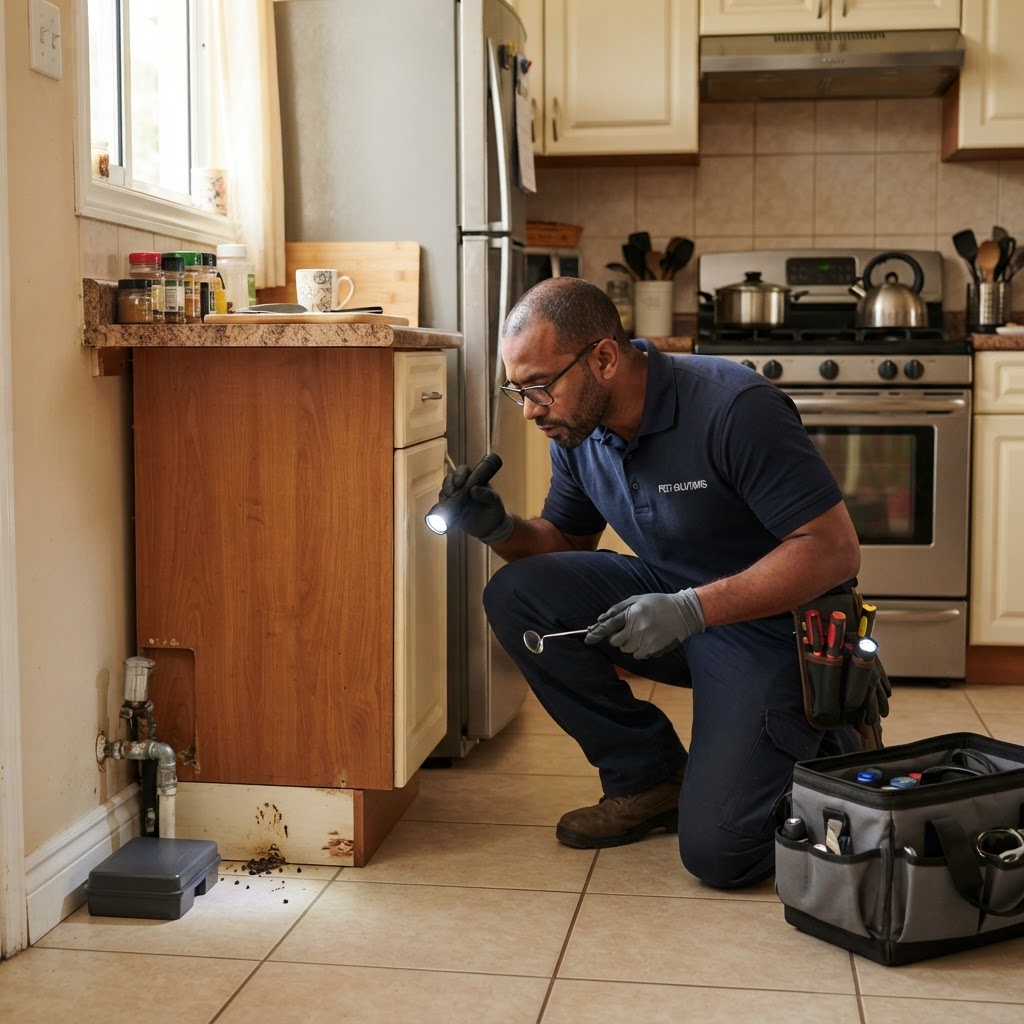 Professional pest control technician inspecting rodent entry points in a home.