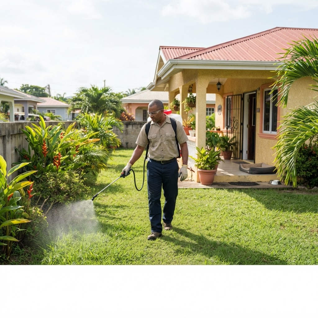 Professional pest control technician treating a yard for fleas.
