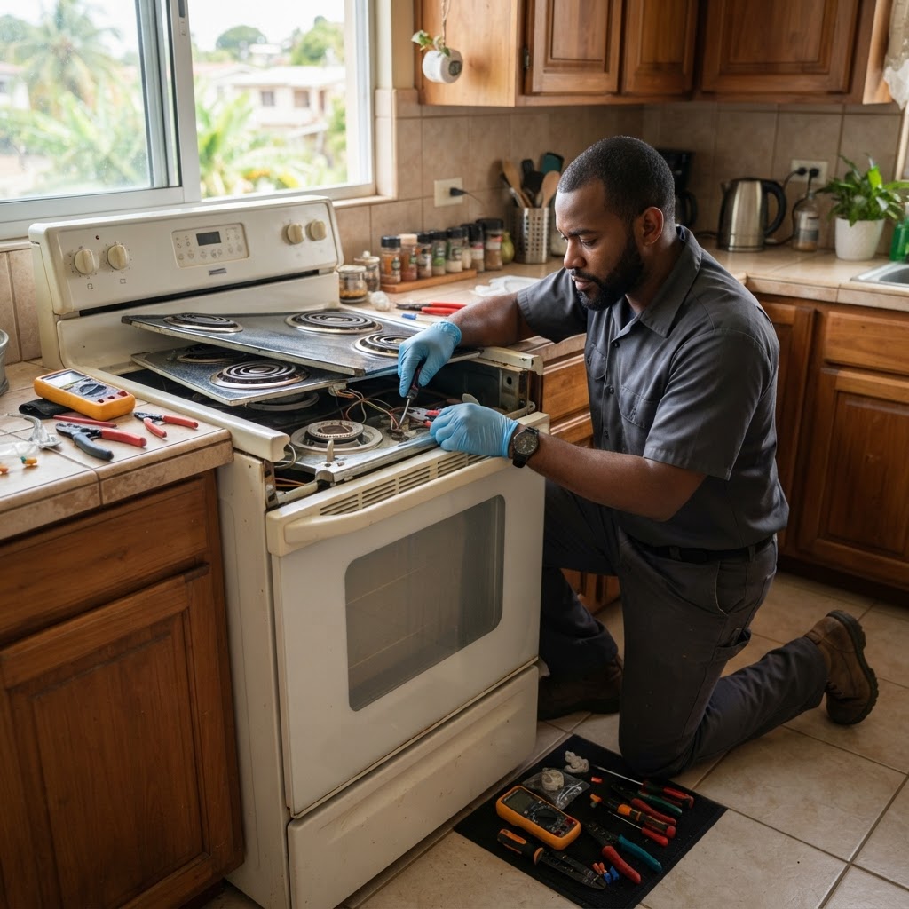 Professional repairing electric stove repairs.