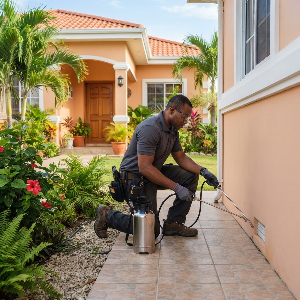 Professional pest-control technician treating a home.