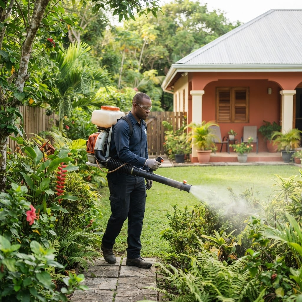 Professional pest control technician treating a backyard for mosquitoes.