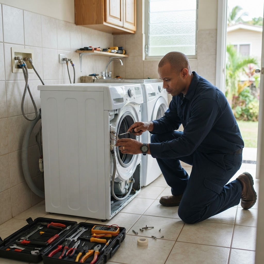 Technician repairing a washing machine.