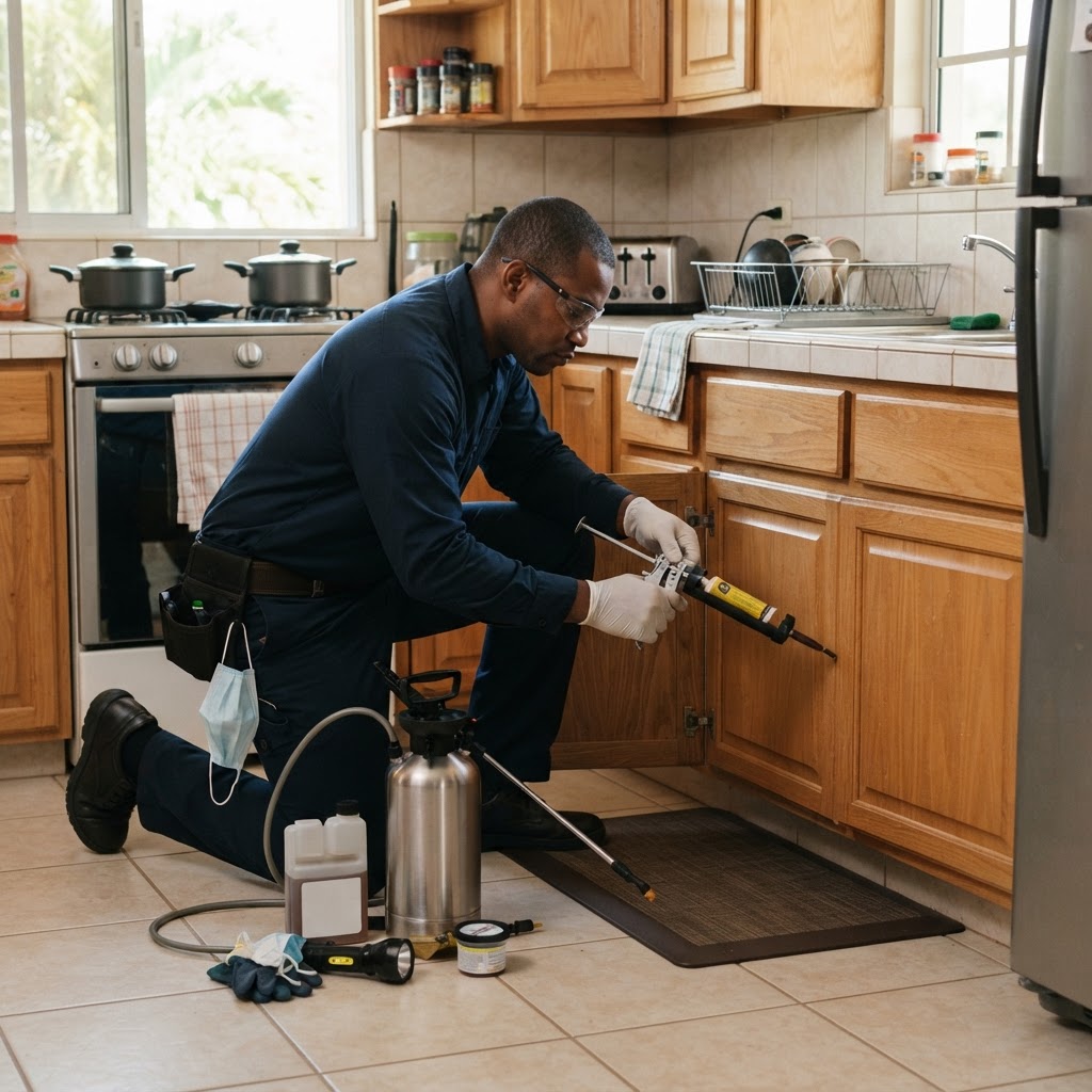 Professional pest control technician applying cockroach gel bait in a kitchen.