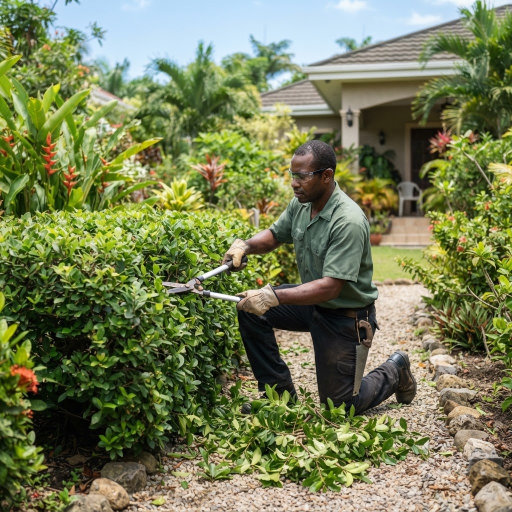 Professional servicing shrub pruning.