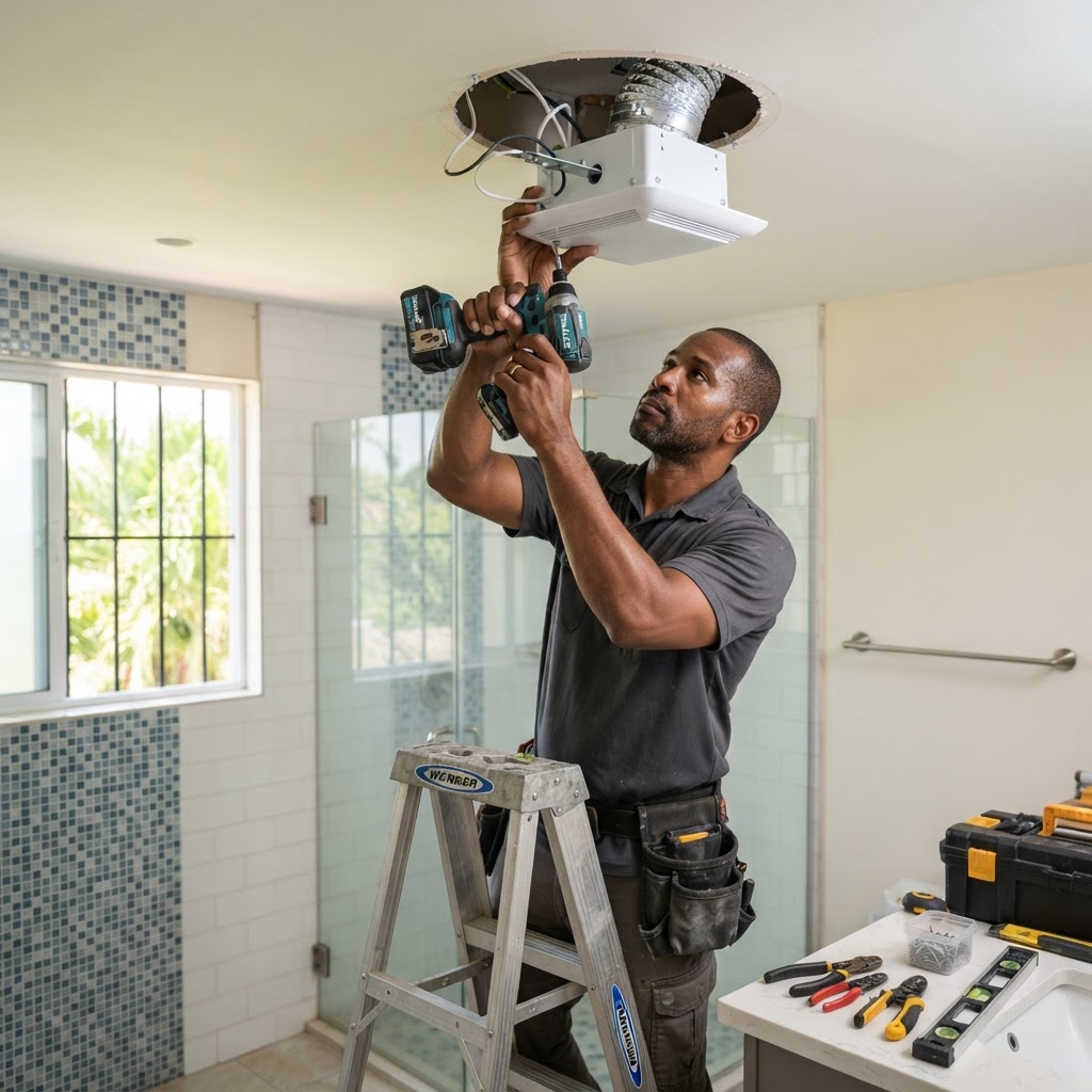 Professional installing bathroom exhaust fan installation.