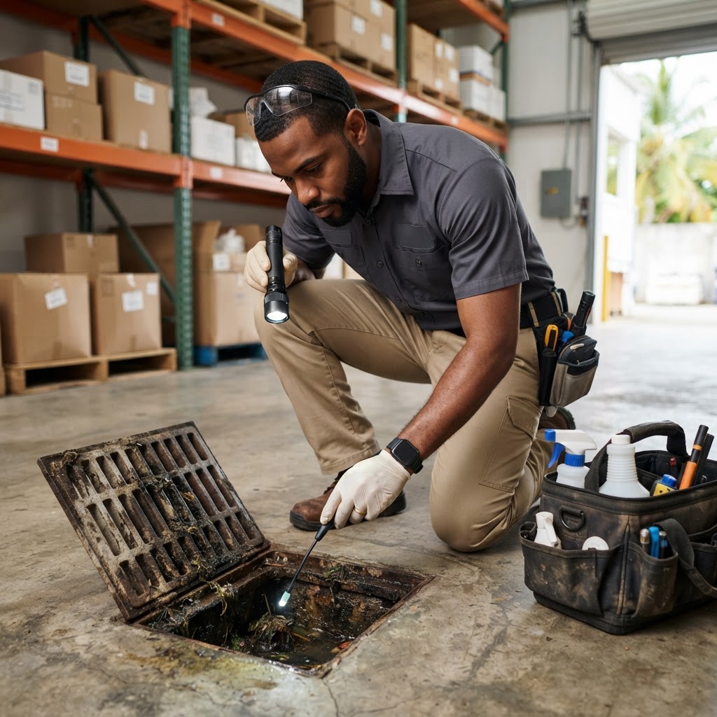 Professional pest control technician inspecting a drain for fly breeding activity.