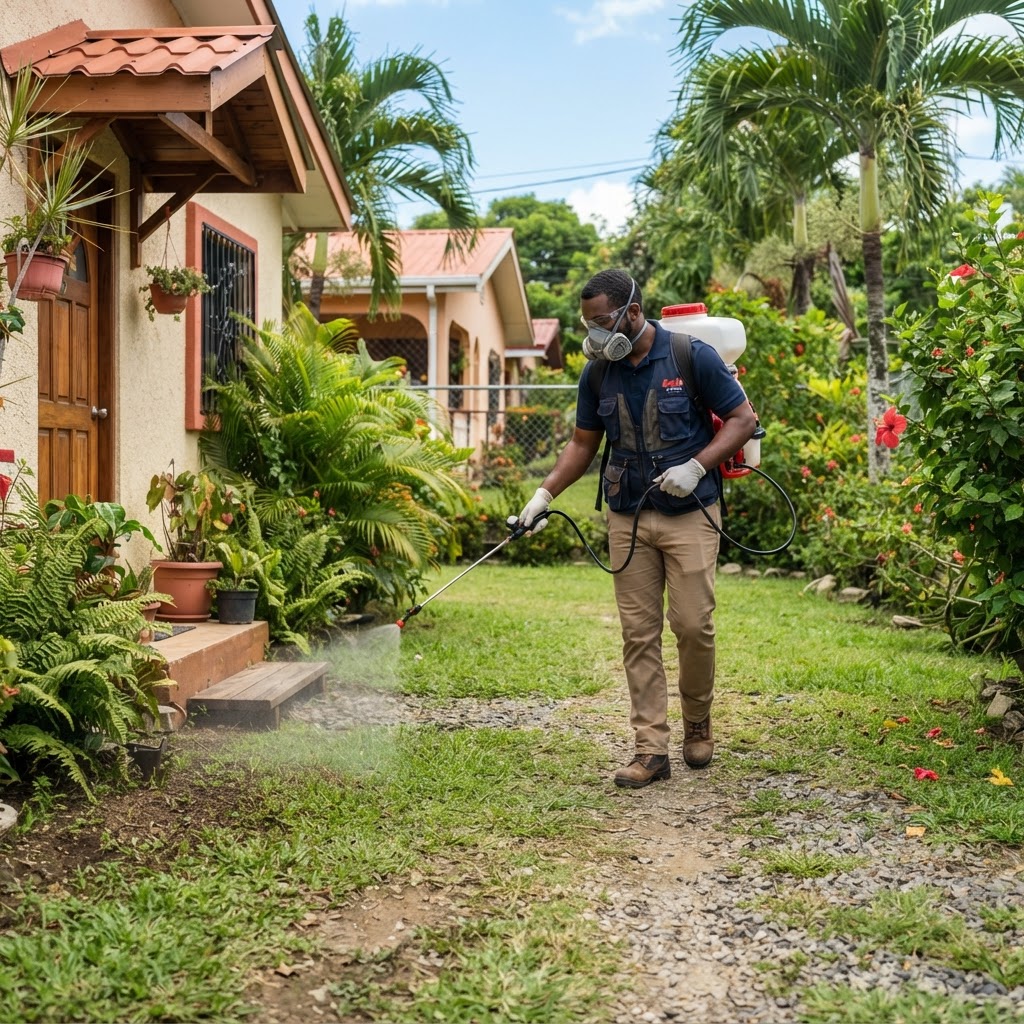 Professional pest control technician treating a yard for fleas.