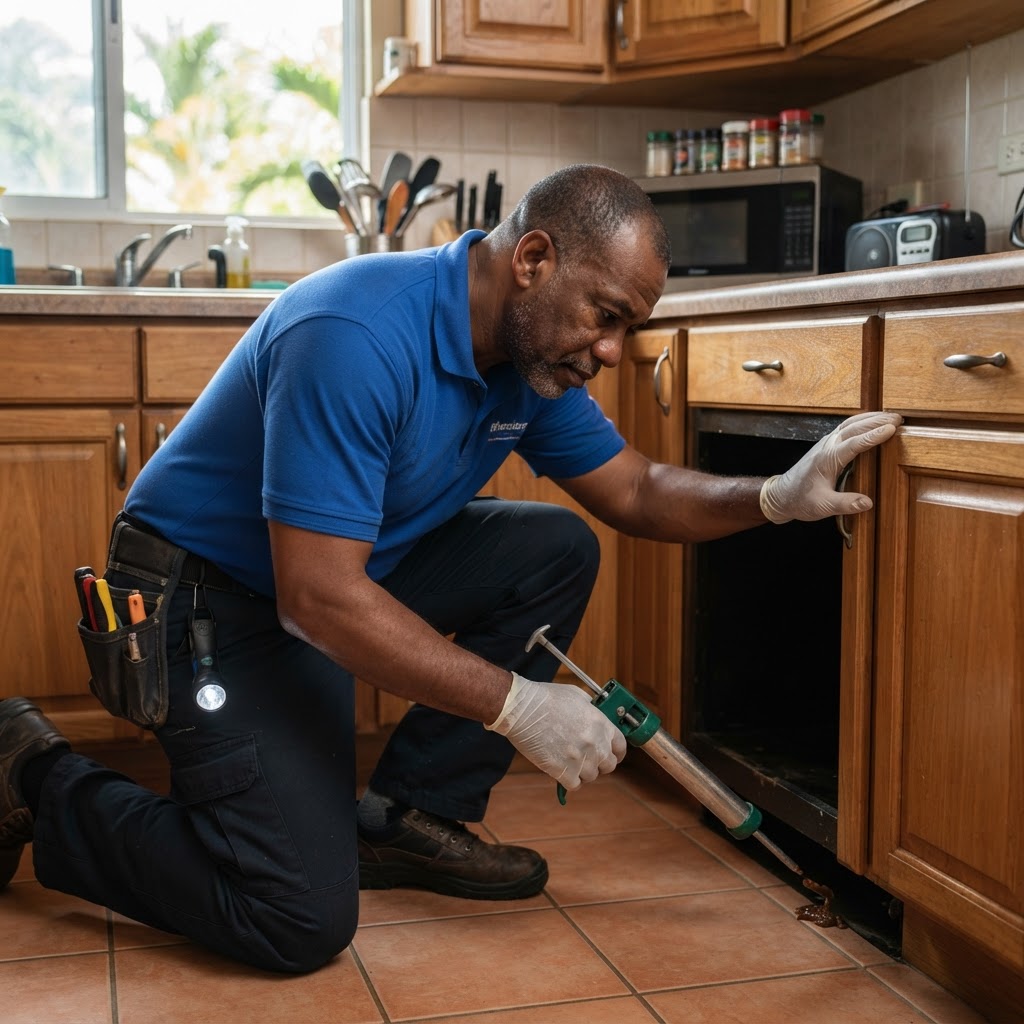 Professional pest control technician applying cockroach gel bait in a kitchen.