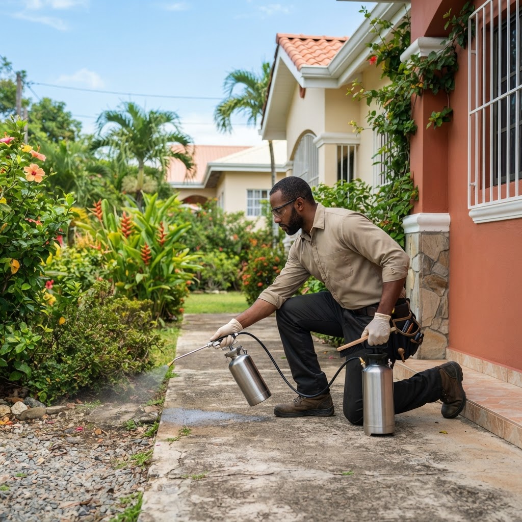 Professional pest-control technician treating a home.