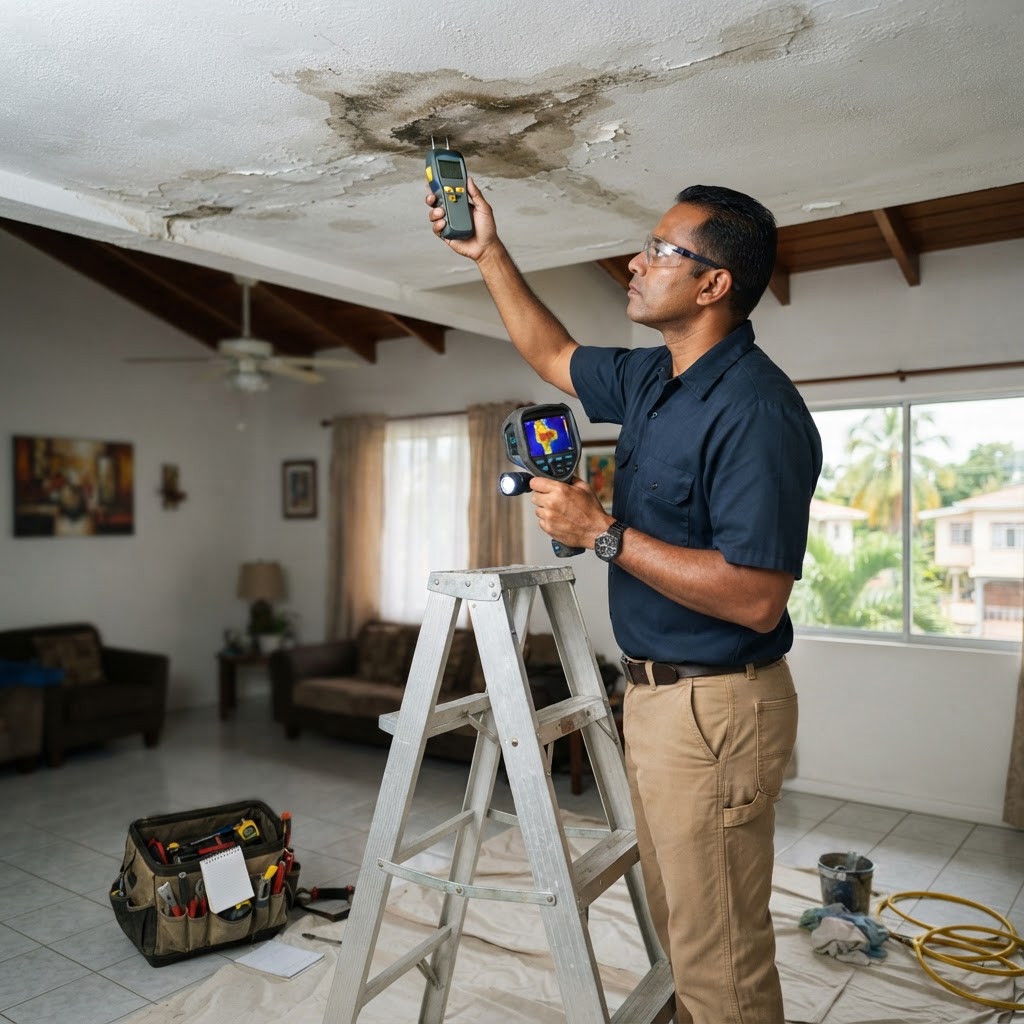Professional servicing ceiling leak investigation.