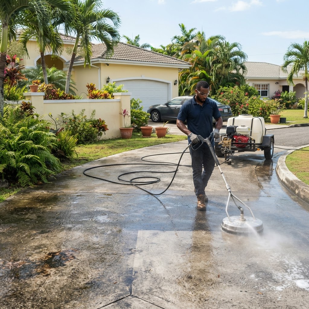 Professional cleaning driveway pressure washing.