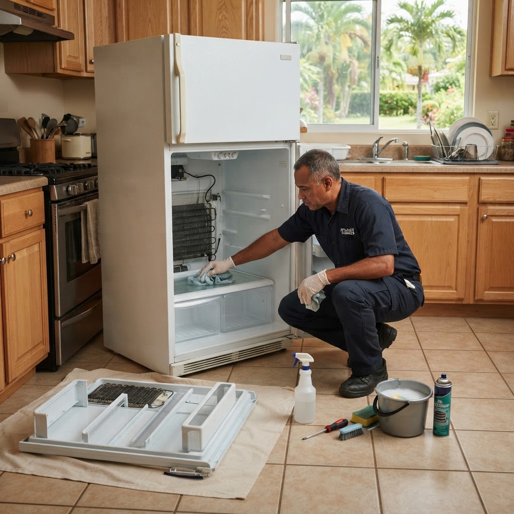 Technician servicing a refrigerator.
