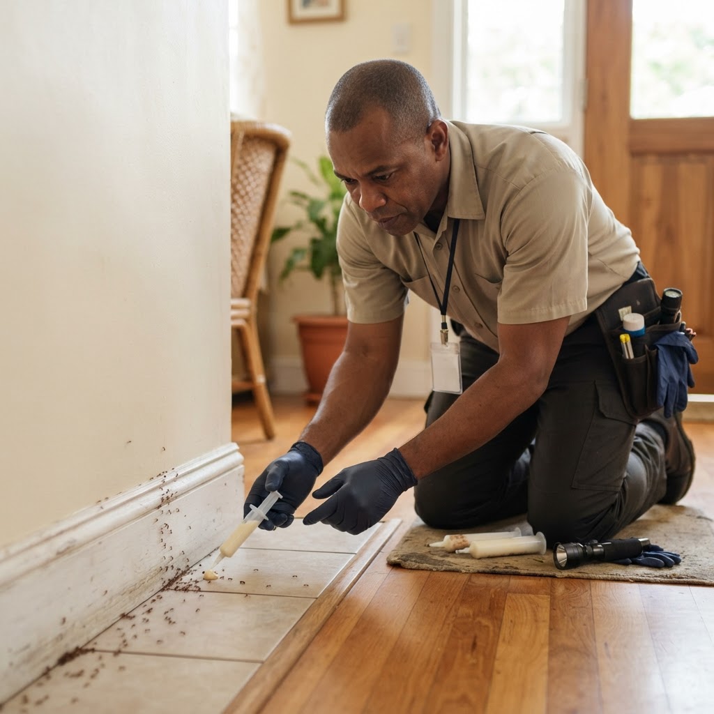 Professional pest control technician treating an ant infestation along a baseboard.