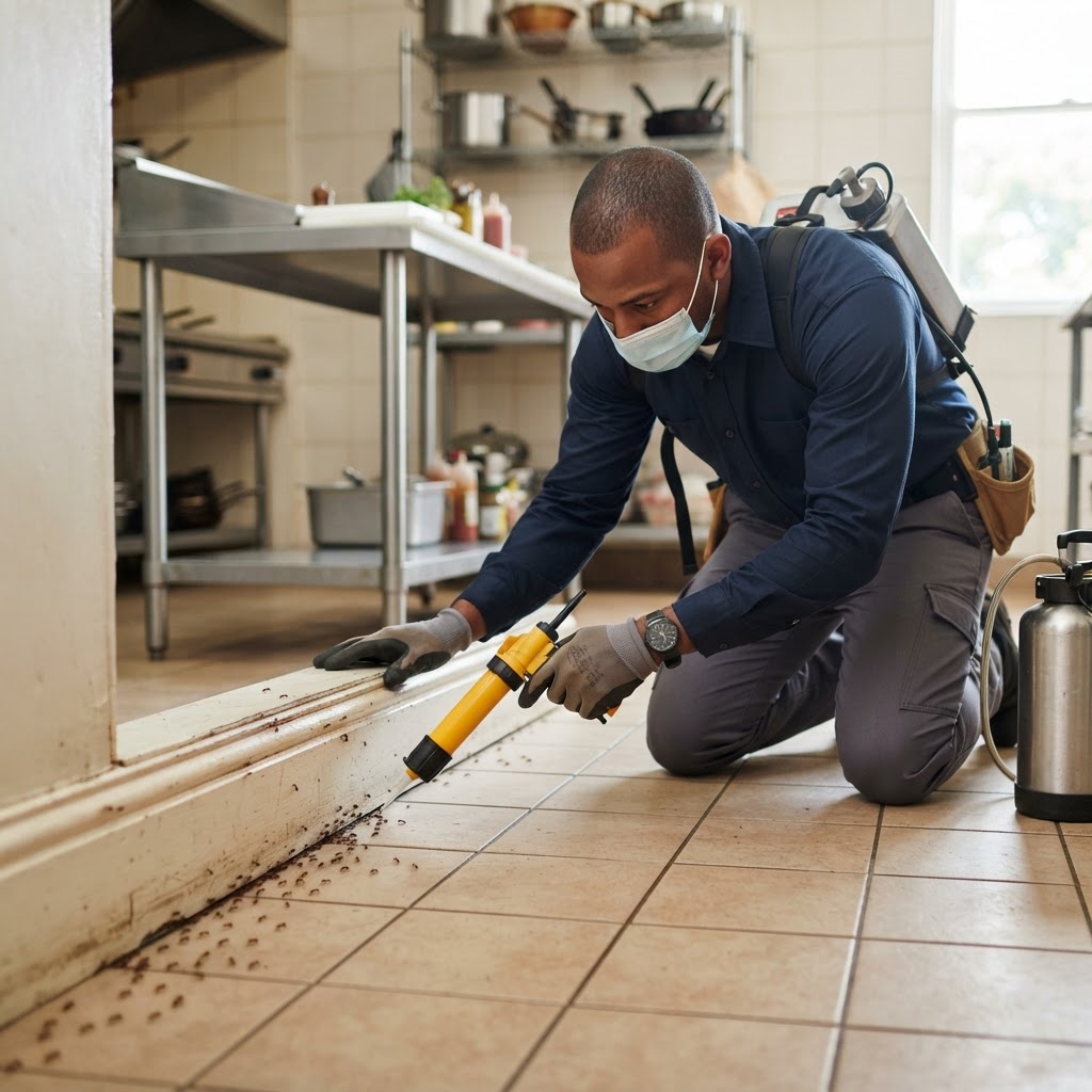 Professional pest control technician treating an ant infestation along a baseboard.