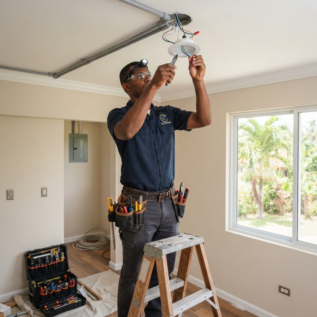 Qualified electrician installing electrical fixtures in a home.