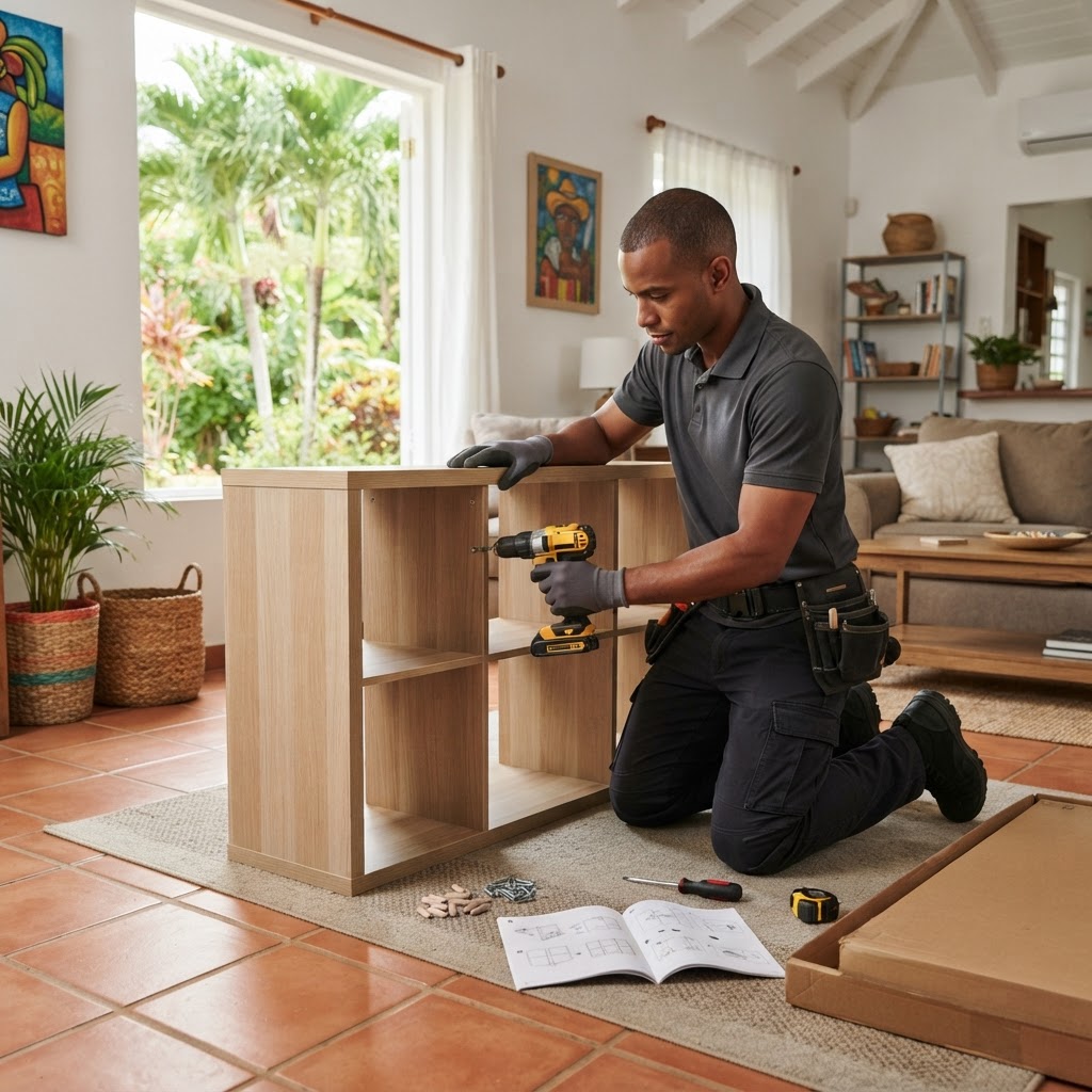 Professional installing furniture placement and assembly.