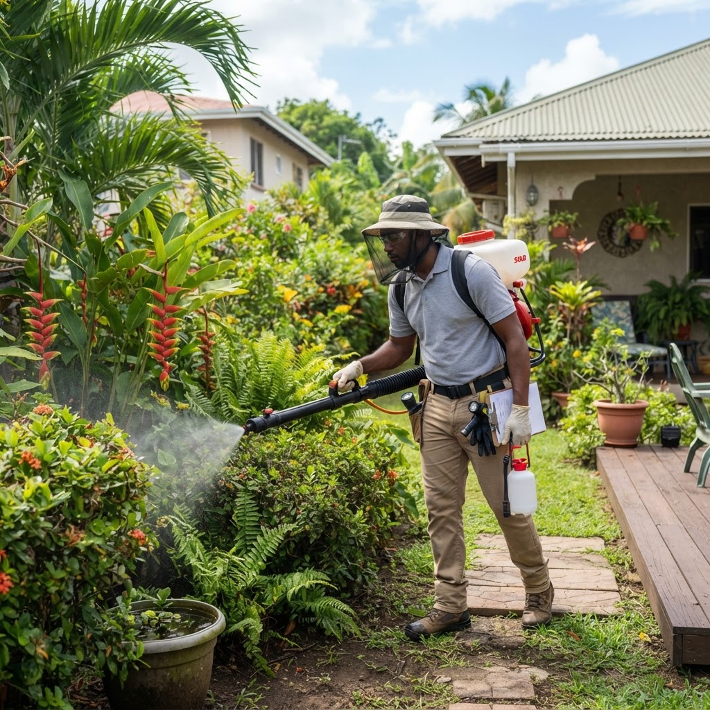Professional pest control technician treating a backyard for mosquitoes.