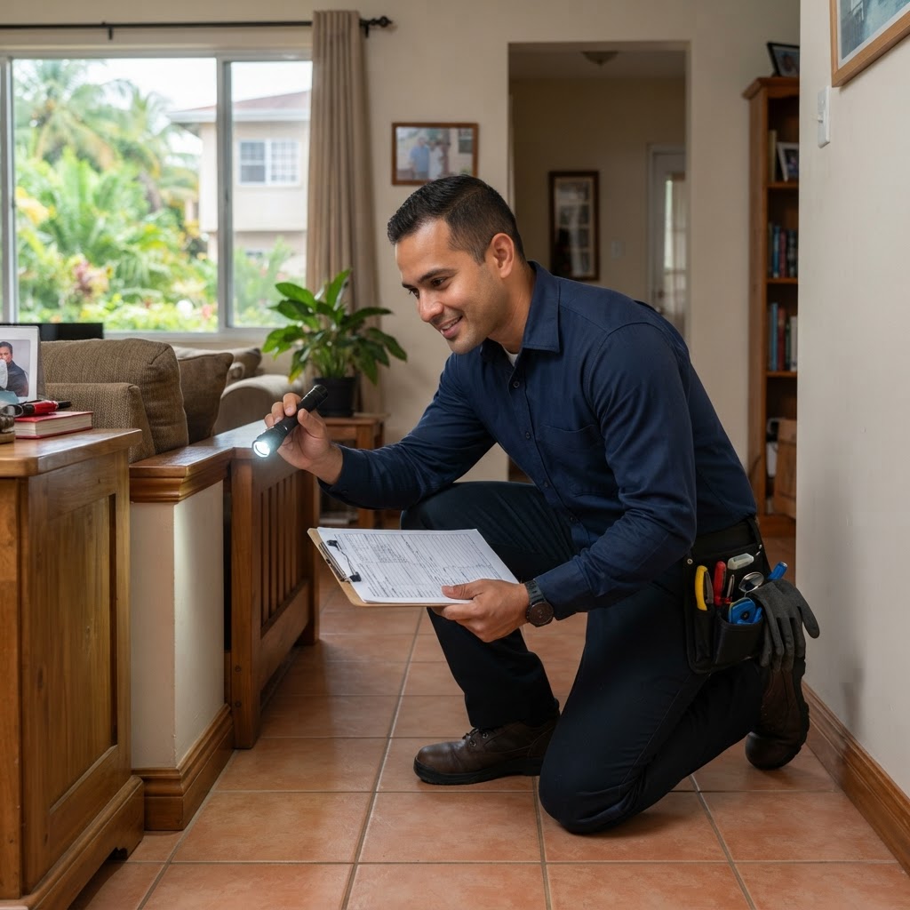 Professional pest control technician with a clipboard conducting a pest inspection.