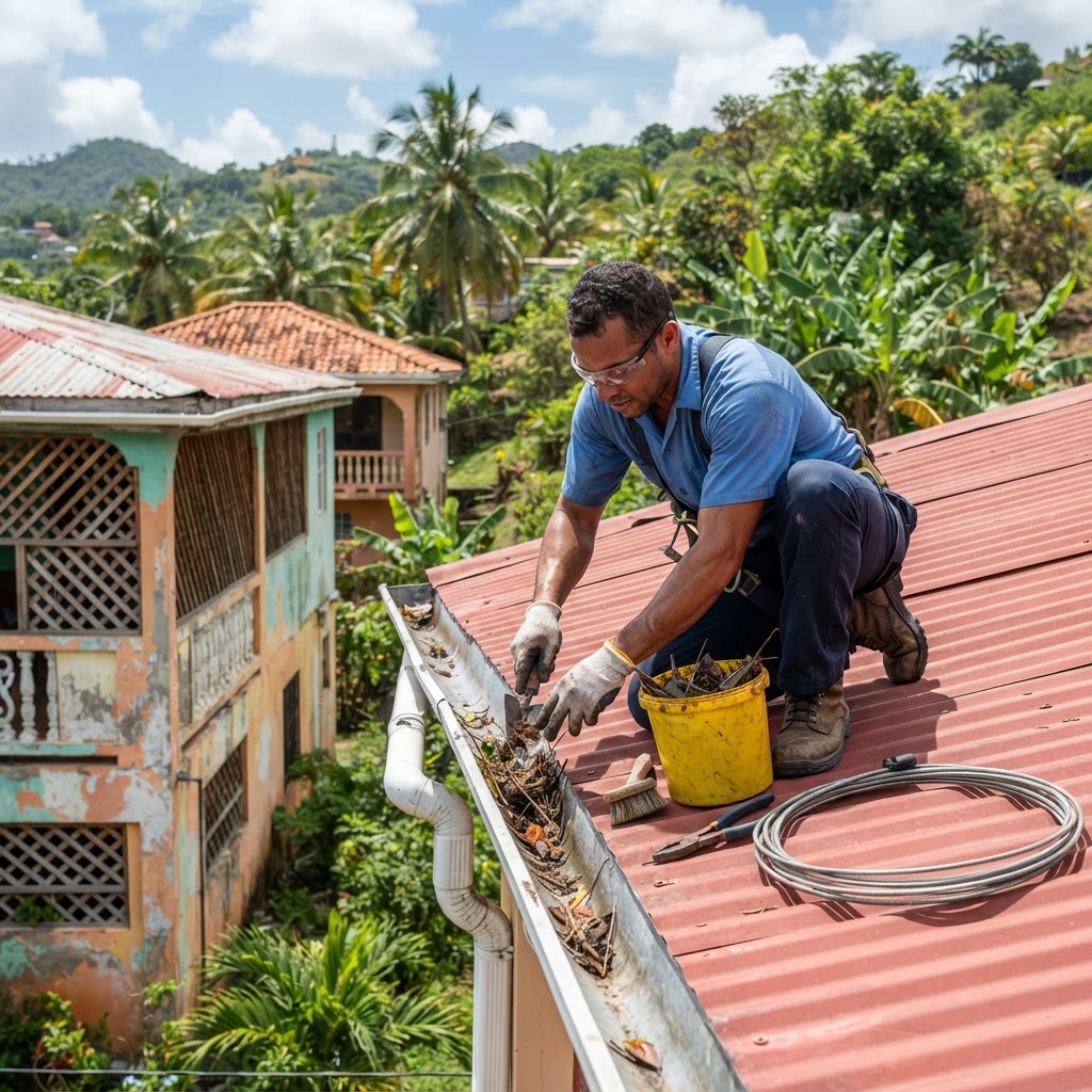 Professional servicing roof drainage maintenance.