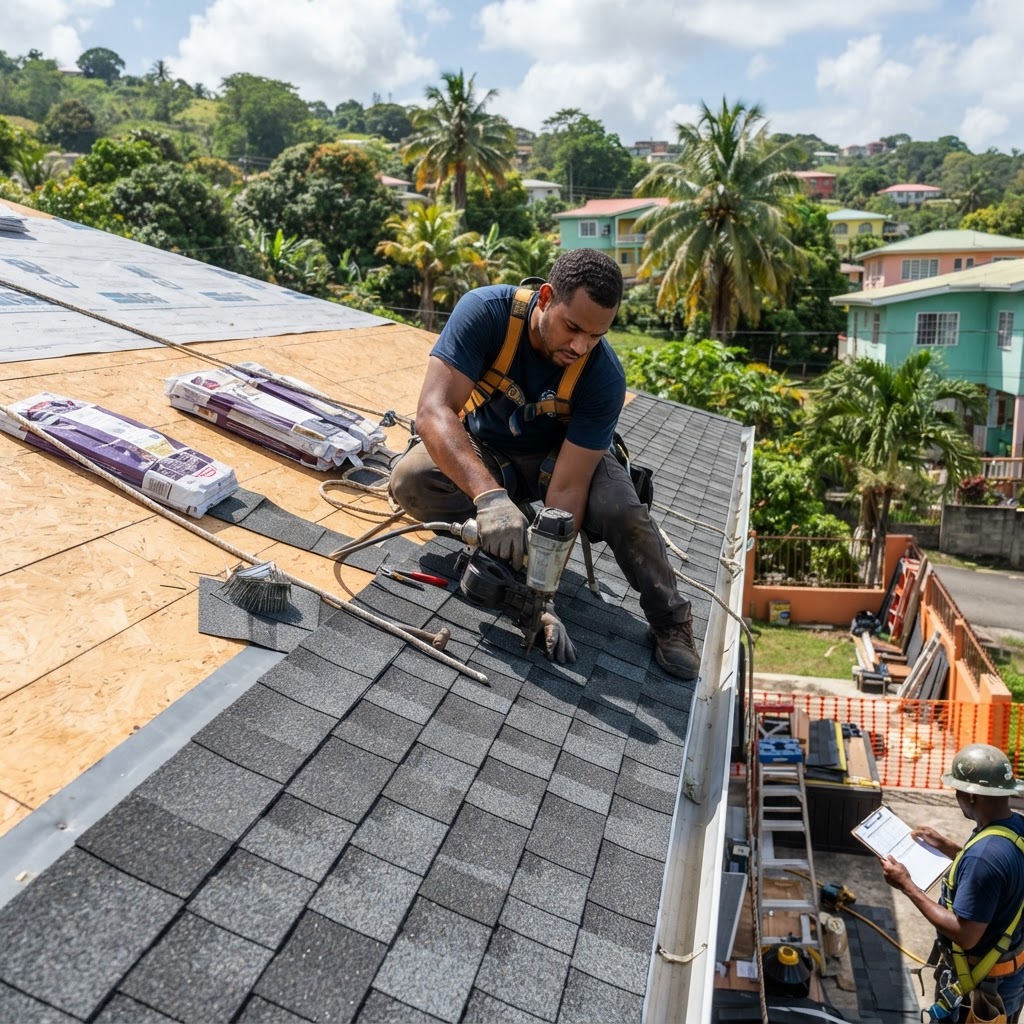 Professional roofer installing shingles on a residential roof.