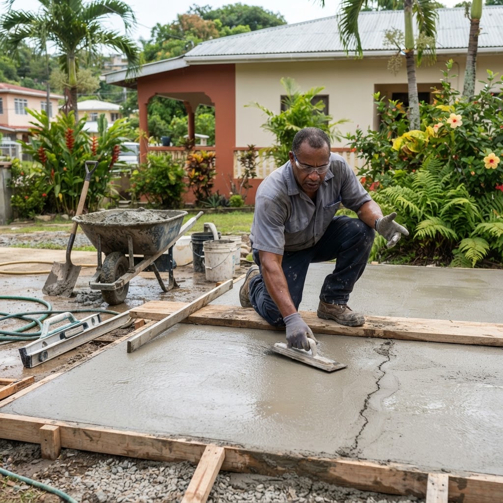 Professional mason pouring and finishing concrete.
