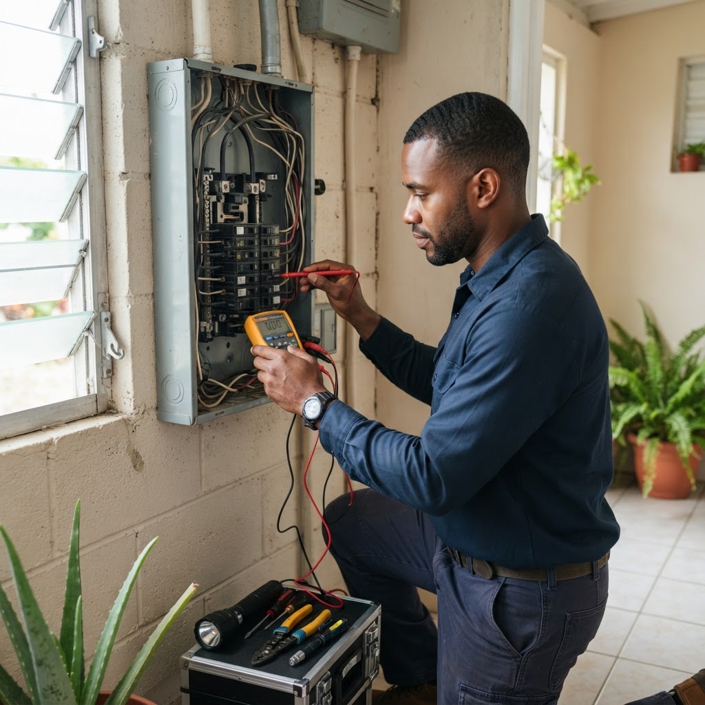 Professional servicing electrical circuit troubleshooting.
