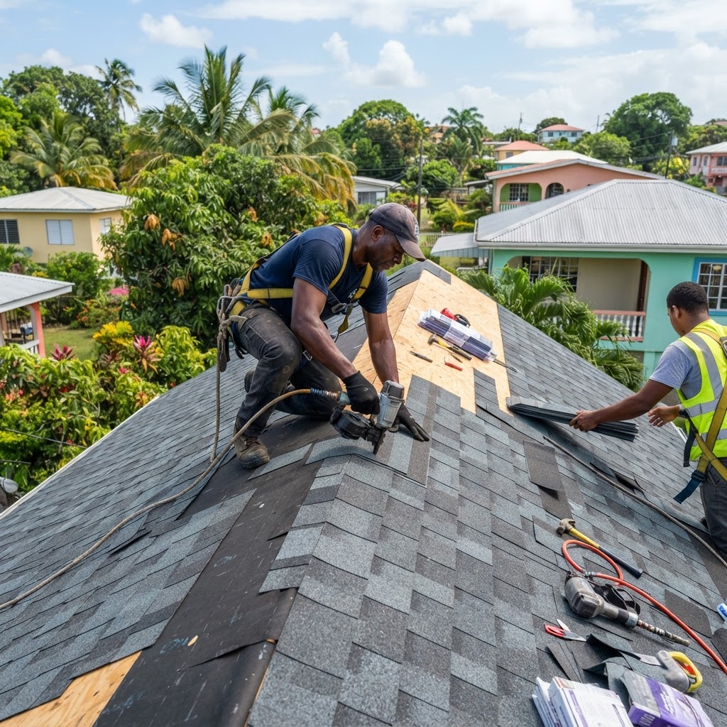 Professional roofer installing shingles on a residential roof.