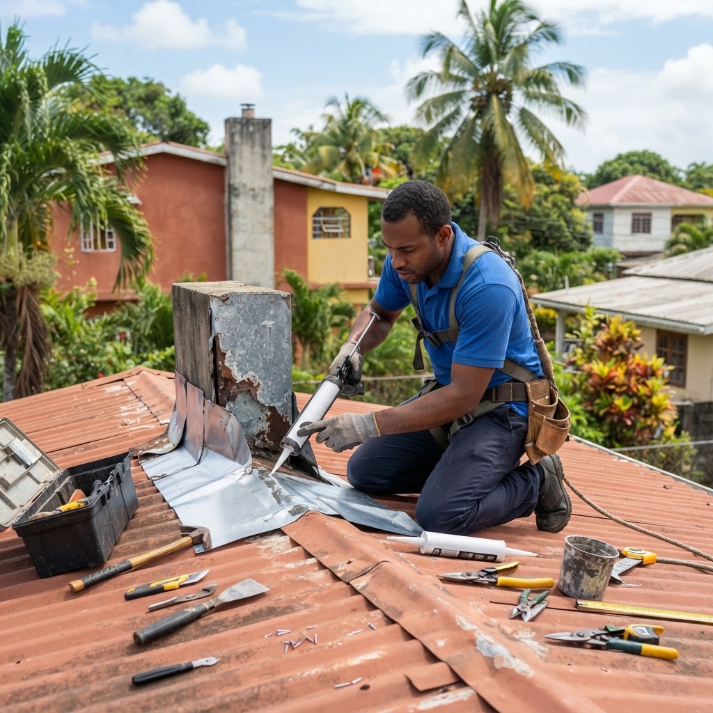 Professional repairing repair of damaged roof flashing.