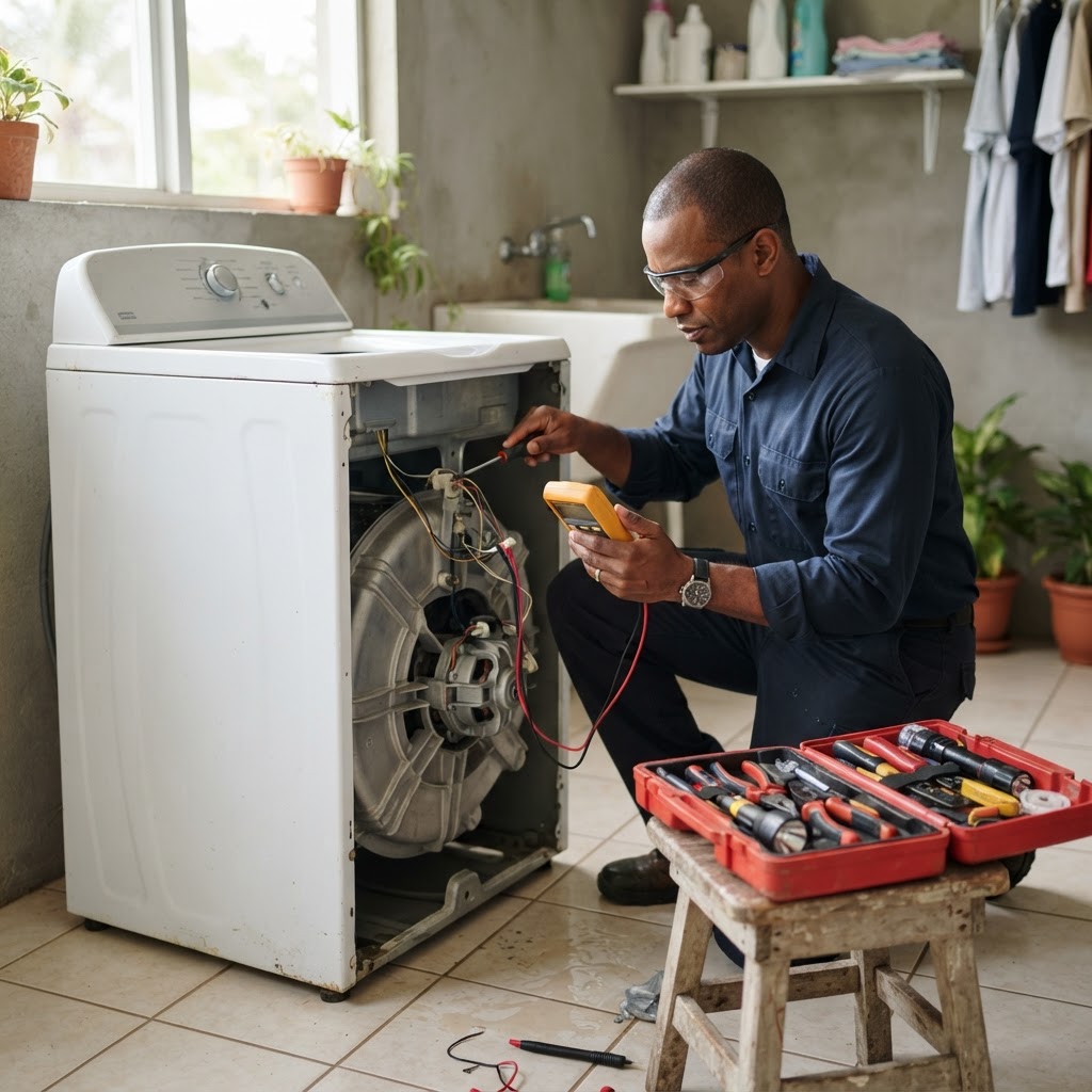 Professional servicing appliance troubleshooting.