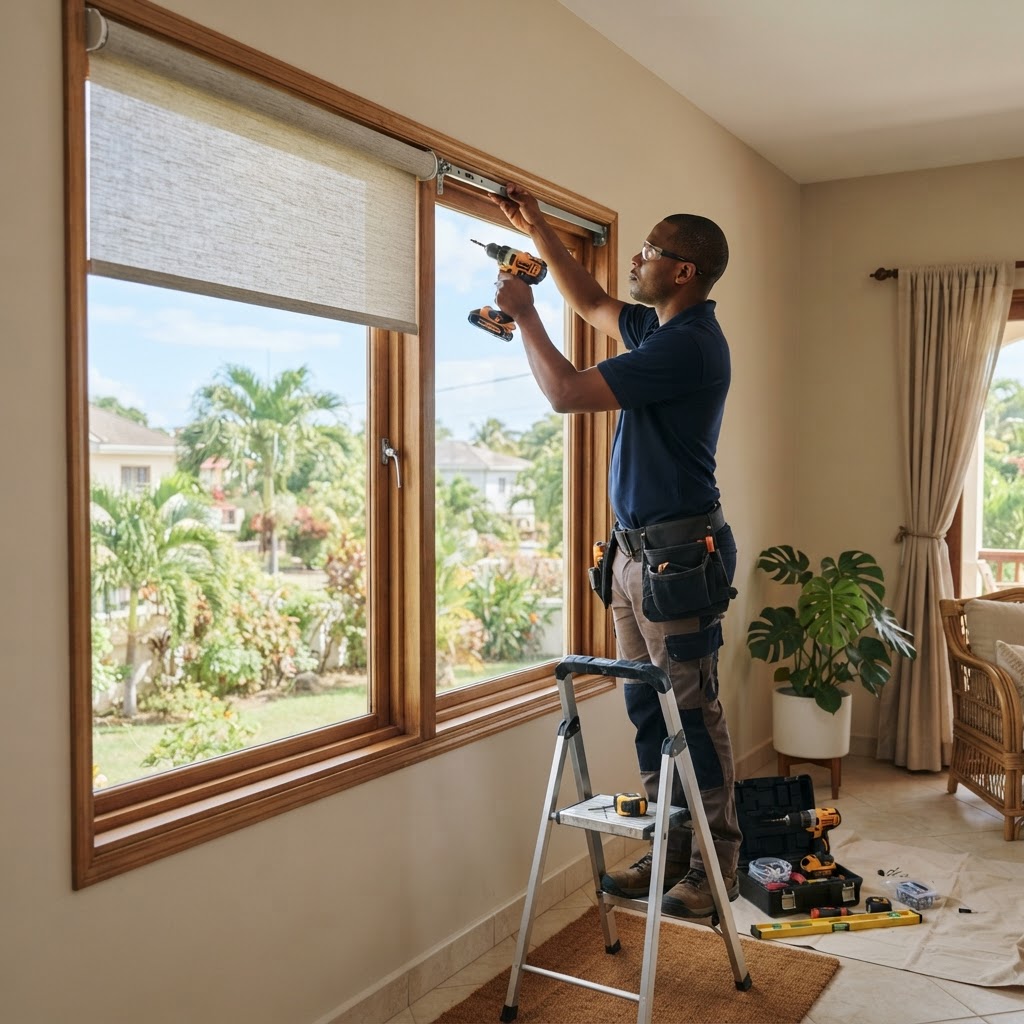 Professional installing window shade installation.