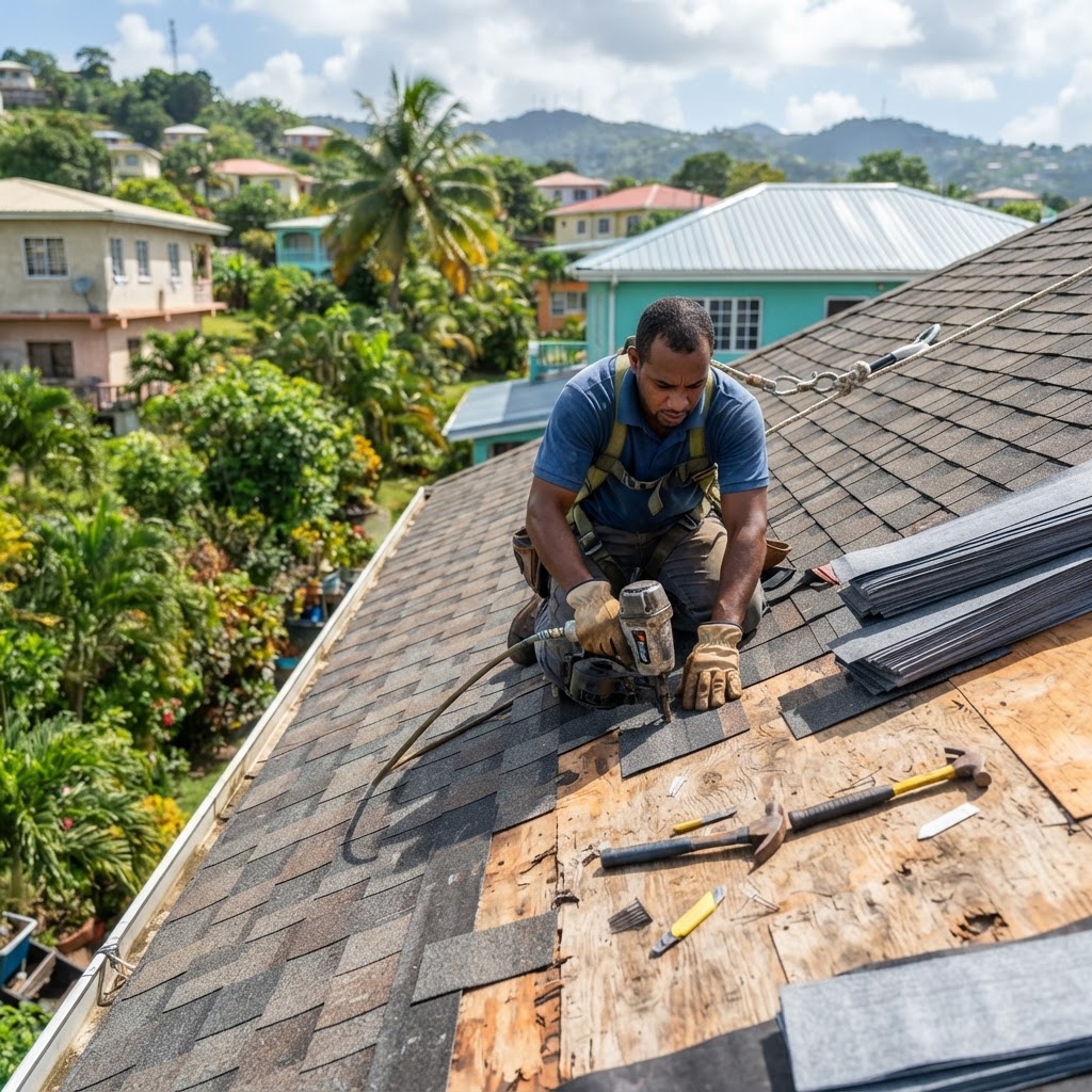 Professional roofer installing shingles on a residential roof.
