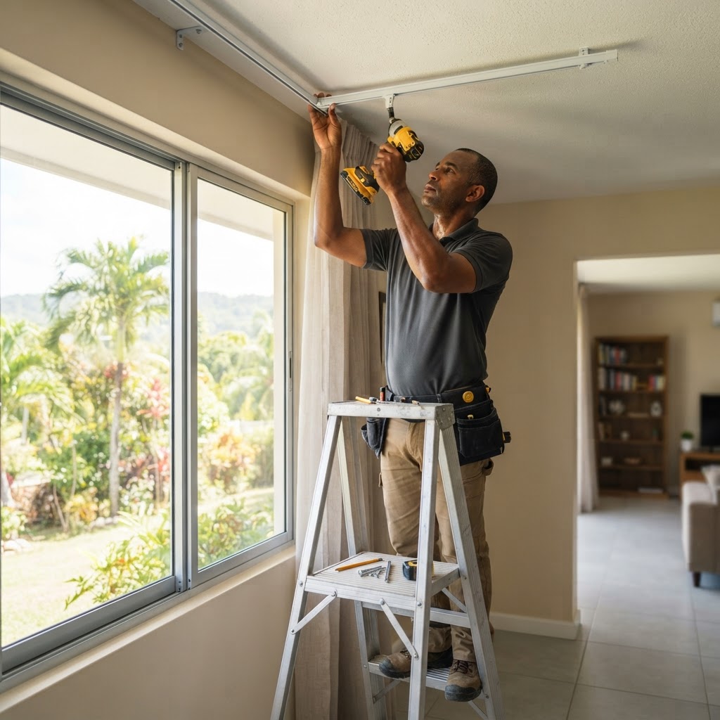 Professional installing curtain track installation.