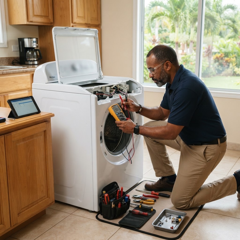 Professional servicing appliance inspection.