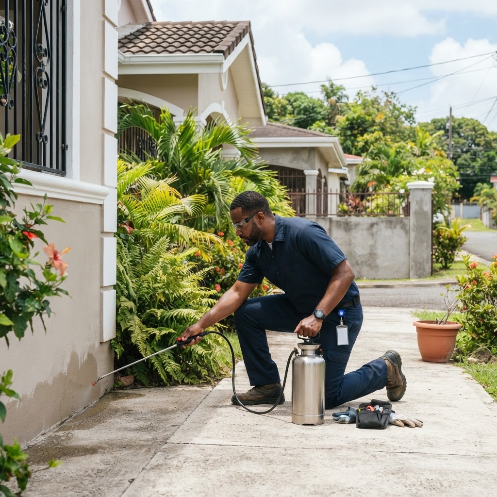 Professional pest-control technician treating a home.