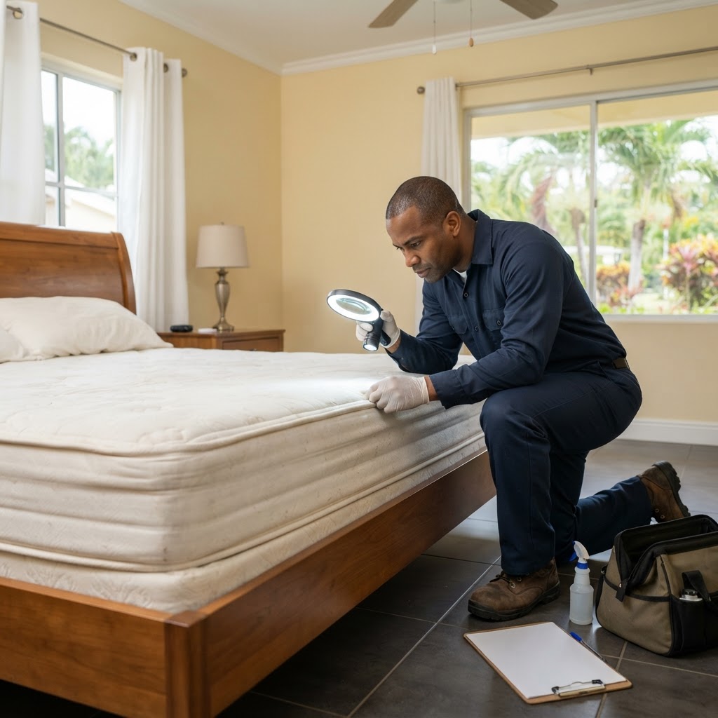 Professional pest control technician inspecting a mattress for bedbugs.