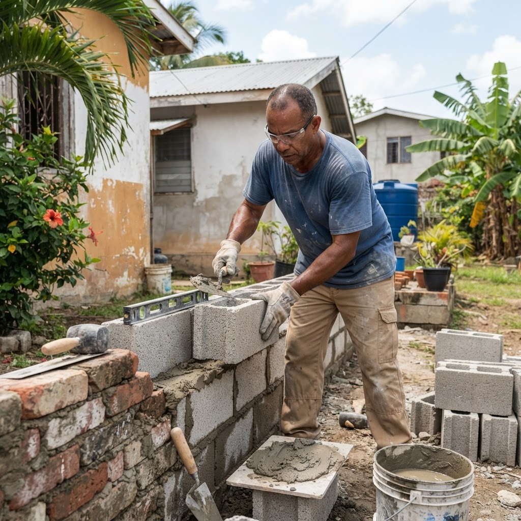 Professional mason laying concrete blocks.