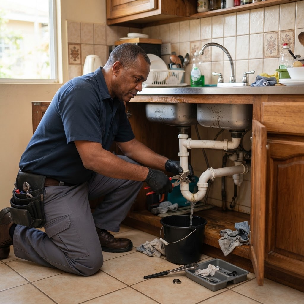 Professional repairing blocked sink clearing.