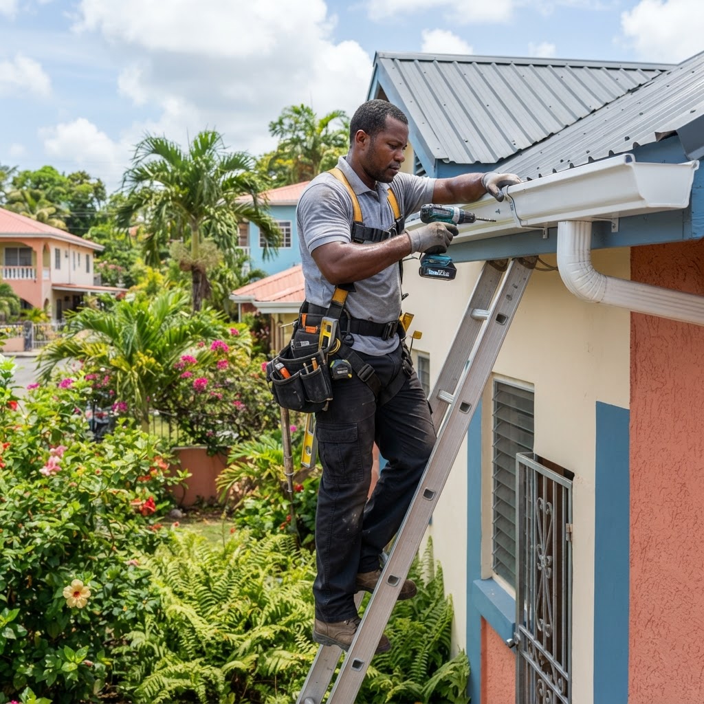 Professional installing gutter replacement.